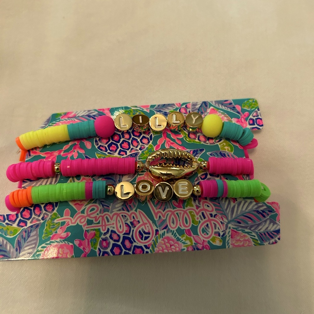Three Lilly stretch beaded bracelets- Lilly, Love, shell beads